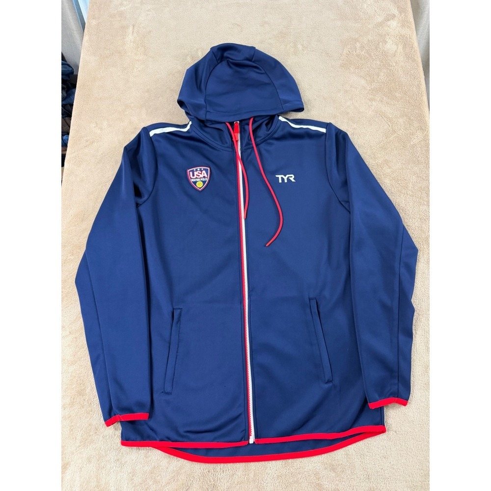 TYR USA Water Polo Hoodie Men's size Large Navy blue Red Olympic‎ Full Zip EUC